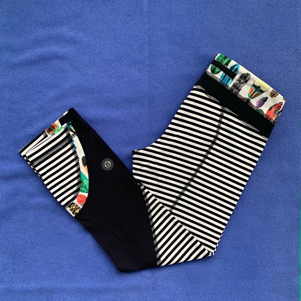 Lululemon SeaWheeze 2015 Inspire Crop Bugs Black White Stripes Luxtreme Size 4